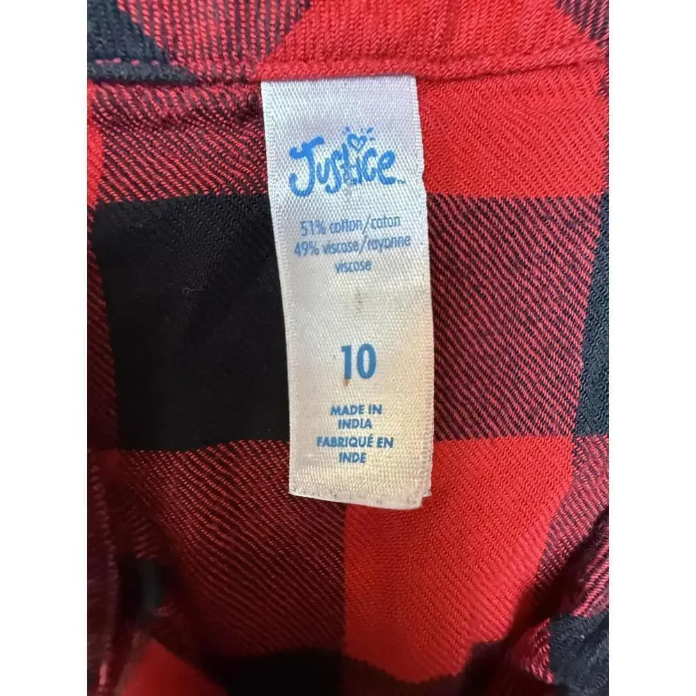 Justice Shirt Girls 10 Red Black Plaid Button Up Long Sleeve Soft Flannel